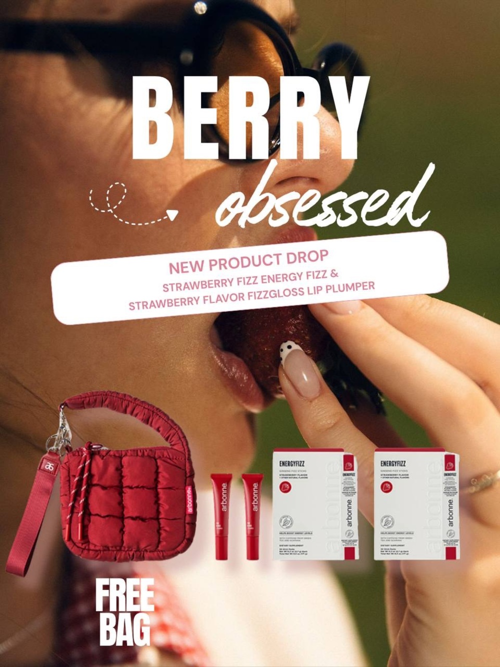 Strawberry Lip Plumper & Energy Fizz Set with Free Red Bag 🍓
